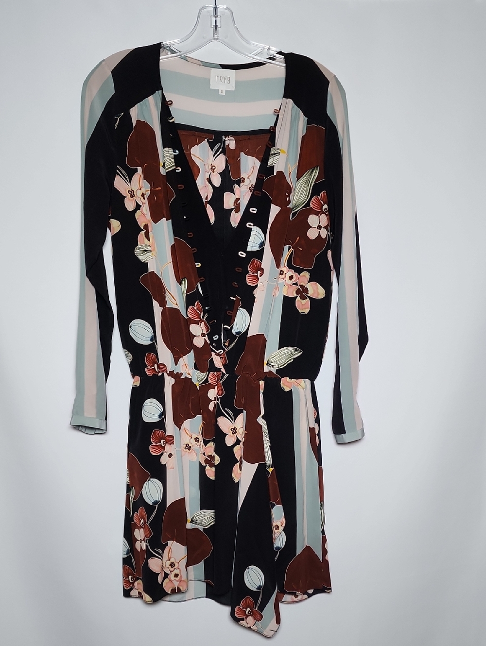 Anthropologie TRYB | Black Floral & Brown Striped Silk Dress